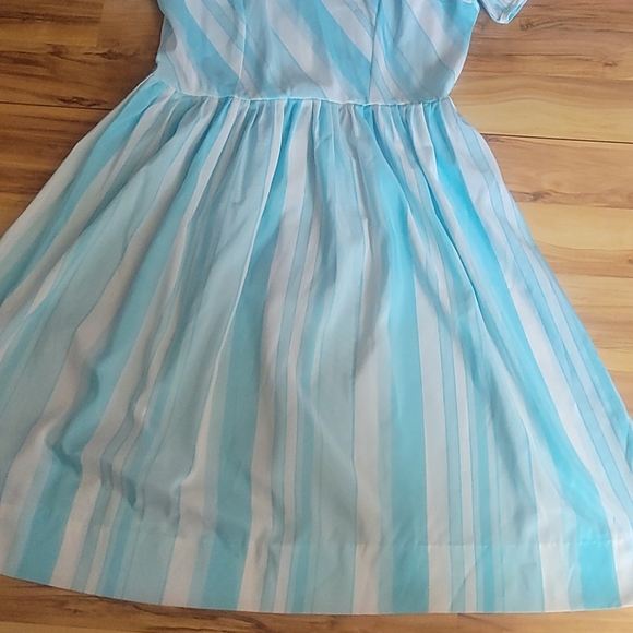Vintage 50s 60s Blue White Striped Day Dress M - Picture 5 of 13